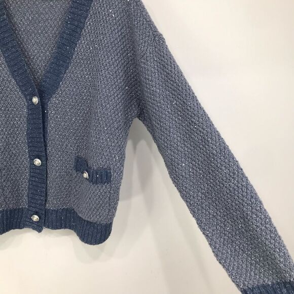 Lauren Conrad Dusty Blue Silver Sparkle V Neck Pearl Button Up Holiday Cardigan - Picture 8 of 16